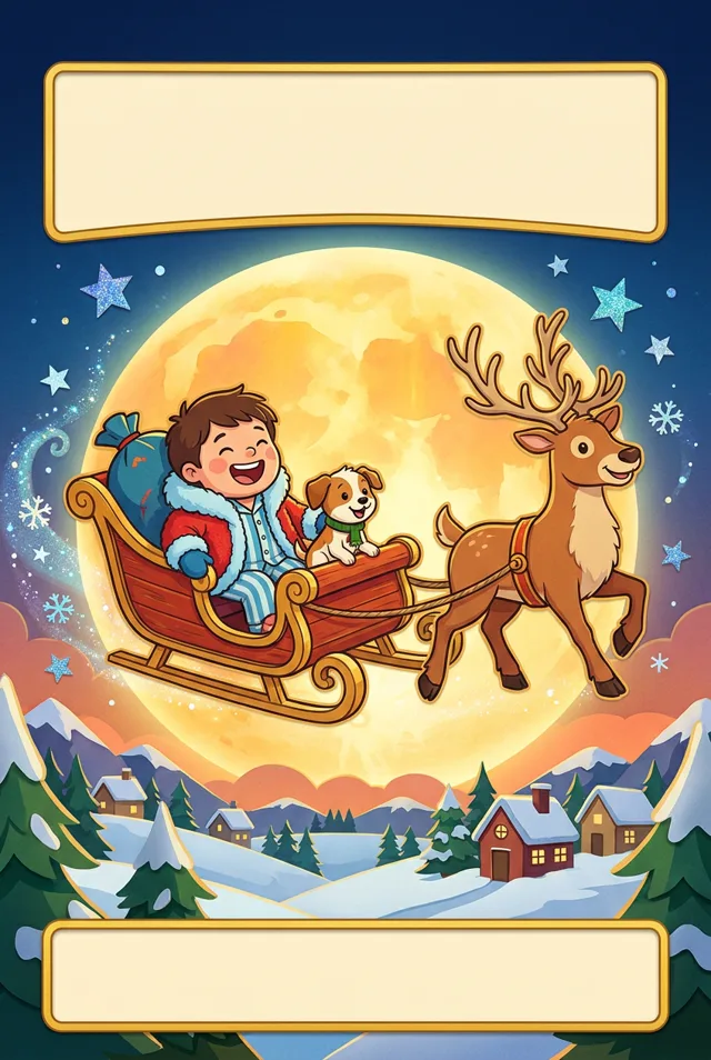 Christmas Eve poster art: a child and a puppy riding in Santa's sleigh across a full moon, pulled by a little reindeer