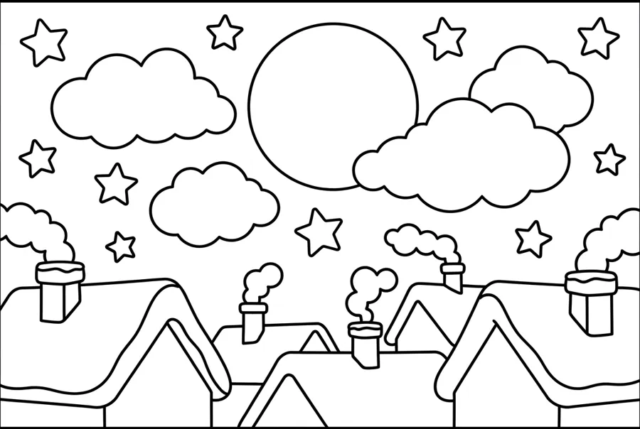 Black-and-white Christmas Eve coloring page: a full moon, stars and clouds over snowy rooftops and chimneys